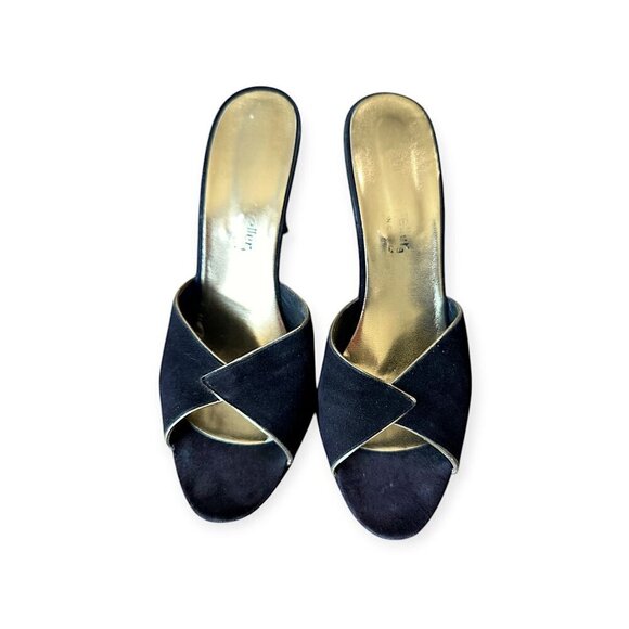 Andrew Geller Black Suede Gold‎ Trim Cutout Wededge Sandals, Vintage, - Picture 7 of 15